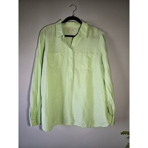 Talbots Linen Blend Top Women's Large Green Button Front Lightweight Long Sleeve